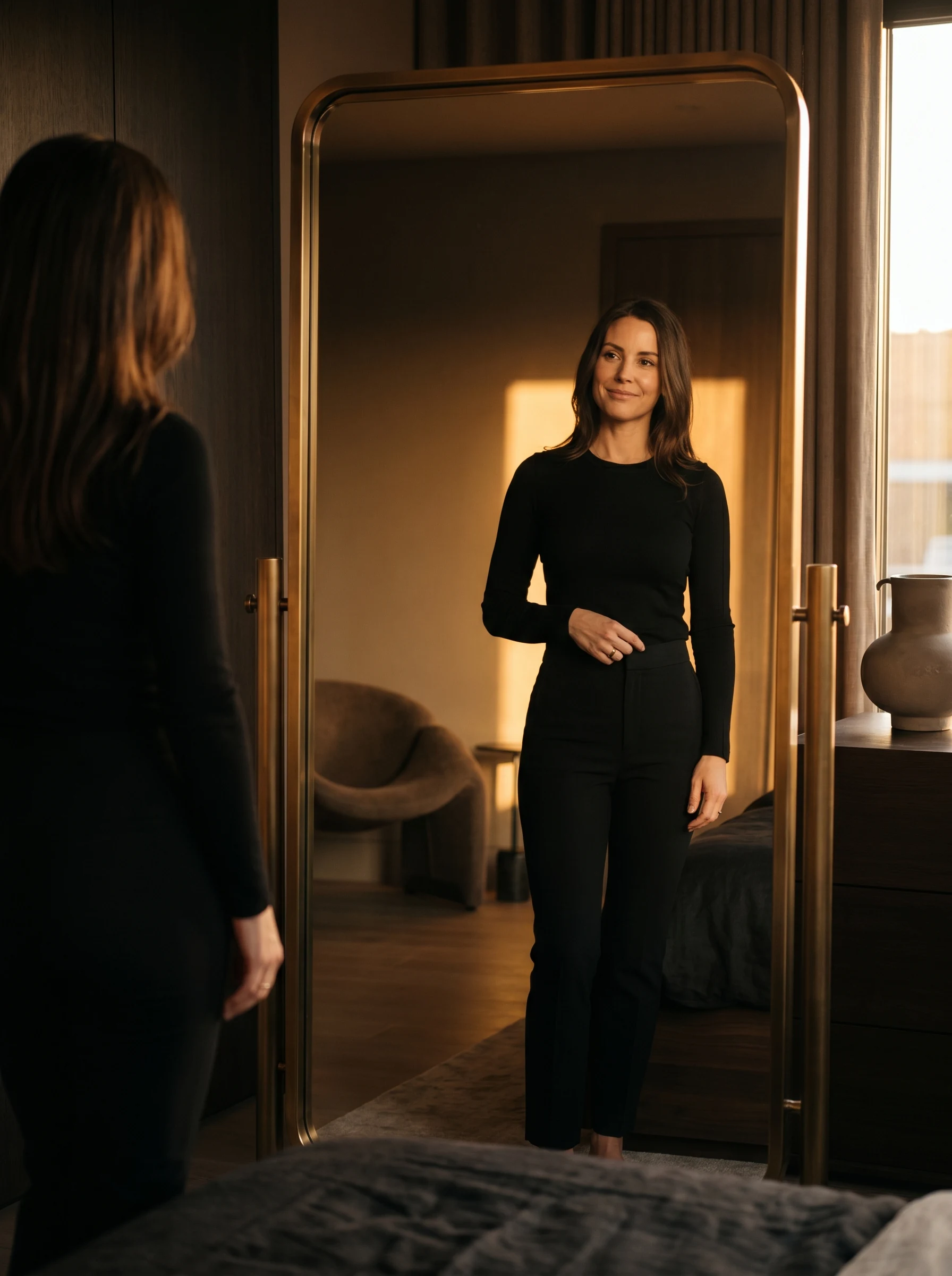 Woman checking her reflection during her weight loss progress