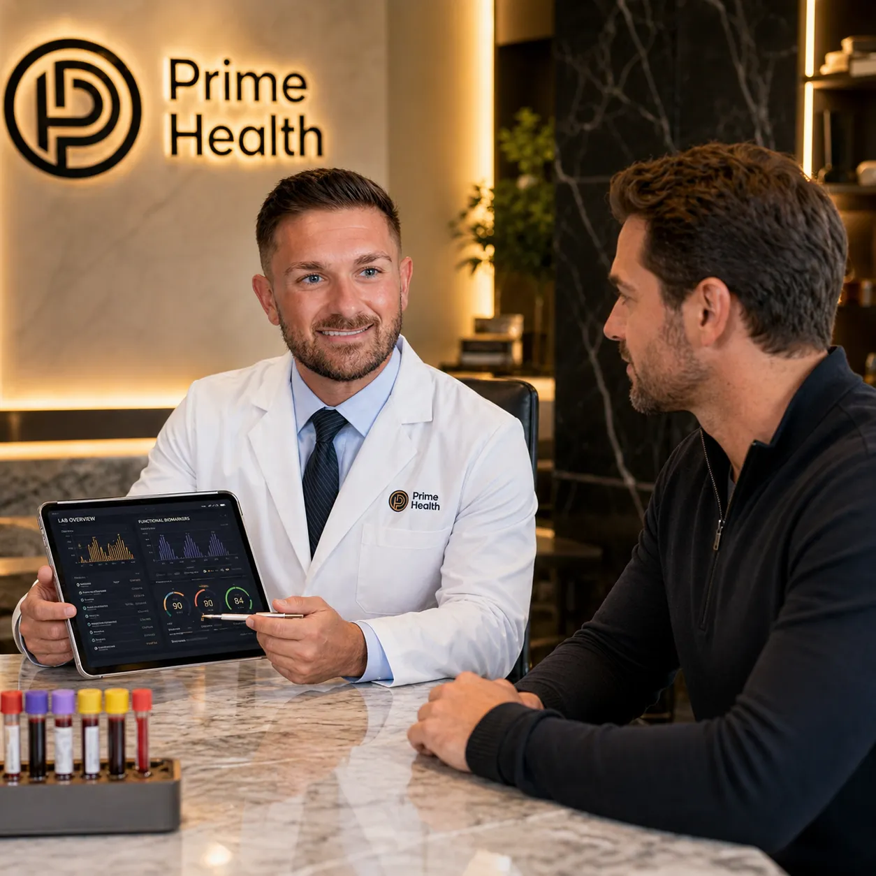 Patient completing blood work in a premium clinical setting