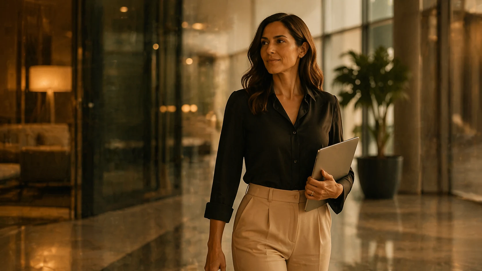 Confident woman carrying a tablet in a modern lobby