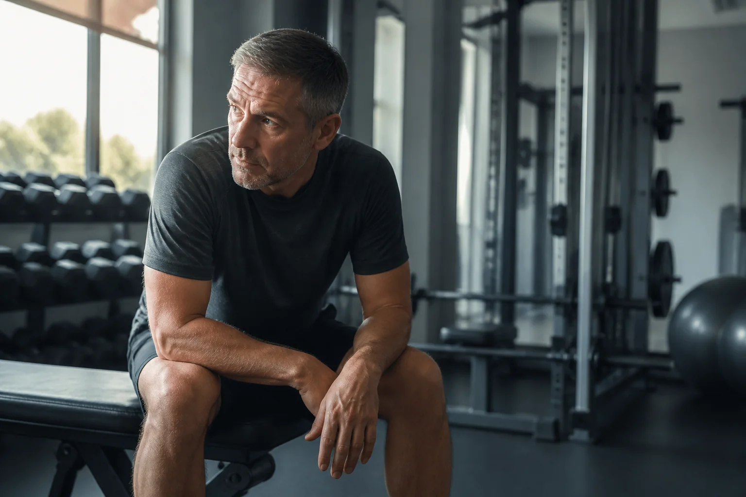Man resting on a bench after a workout.